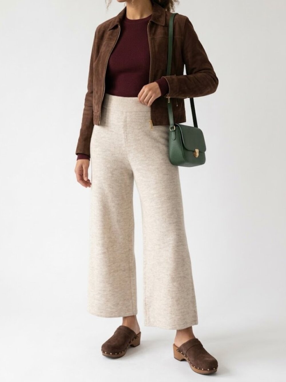 She + Sky Oatmeal Knit Wide Leg Cropped Pants Size L Cozy Lounge